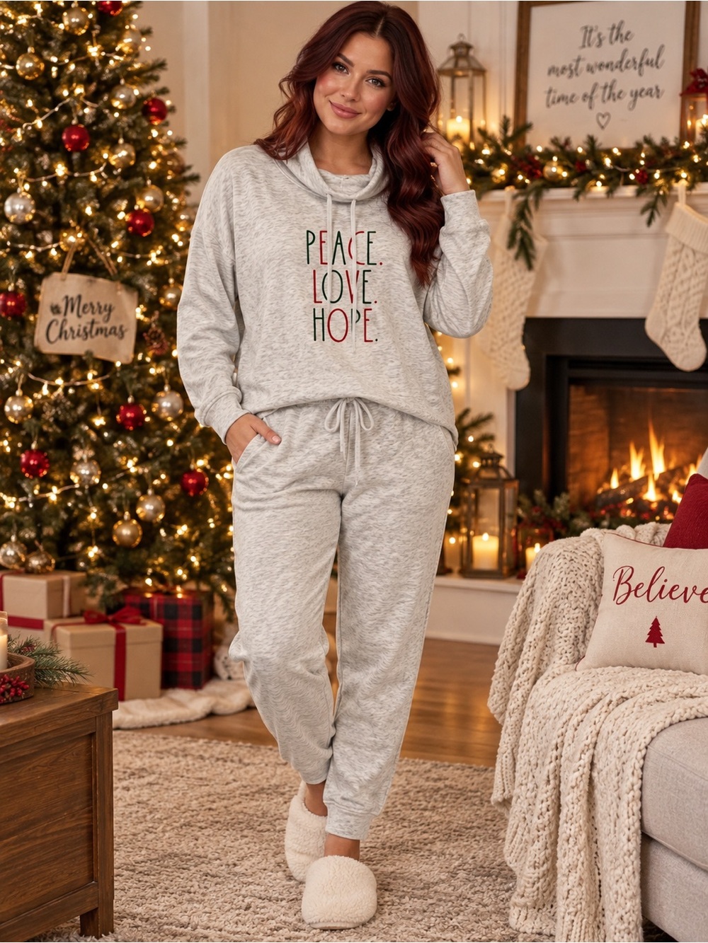 NWT Rae Dunn Heather Gray Peace. Love. Hope. Lounge Set with Red & Green Size L